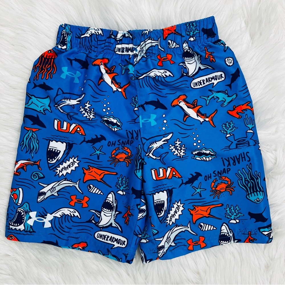 NWOT! Under Armour Boys Shark Crab Print Blue Swim Trunks Size 6